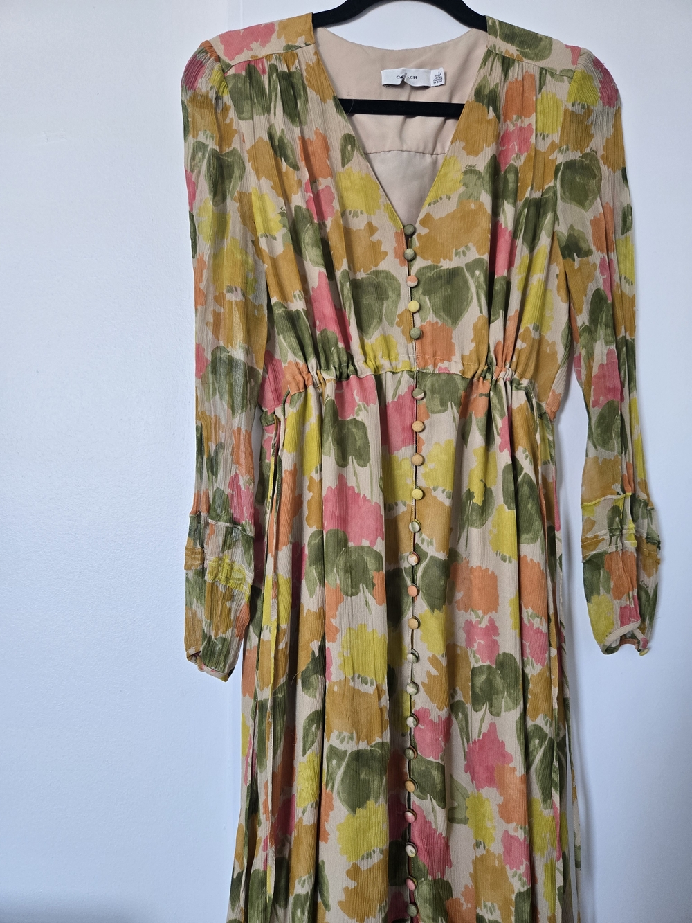 COACH-Floral Watercolor Long Sleeve Midi Dress in Pink, Yellow & Green - Picture 7 of 7